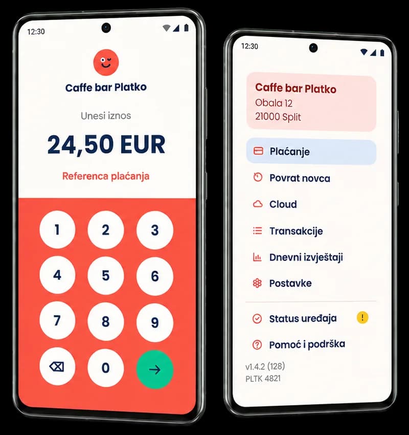 Platko aplikacija na dva Android mobitela: ekran za unos iznosa i glavni izbornik